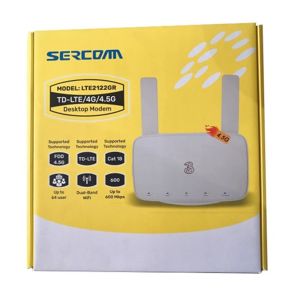 مودم رومیزی 4.5G LTE سرکام مدل LTE2122GR با پشتیبانی Cat18، سرعت دانلود 600Mbps، آپلود 100Mbps، وایفای دو بانده 2.4 و 5 گیگاهرتز، اتصال همزمان 64 دستگاه، دو آنتن تقویتکننده و دو پورت گیگابیتی LAN